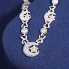 Cargar imagen en el visor de la galería, Cadena Luna Estrella Plata Ley 925-Moissanitas 45cm
