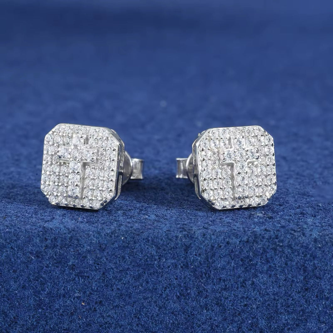 Aretes Cruz Cuadro Plata Ley 925-Moissanitas