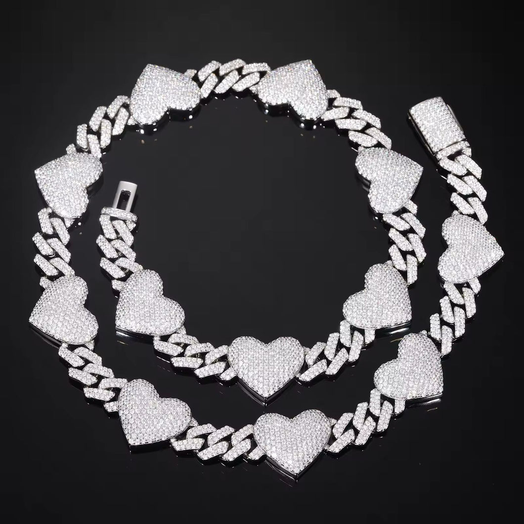 Cadena Cubana Corazones Plata ley 925-Moissanitas