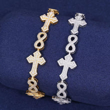 Cargar imagen en el visor de la galería, Pulsera Cubana Infinitos+Cruces Moissanita-Plata Ley 925 15mm

