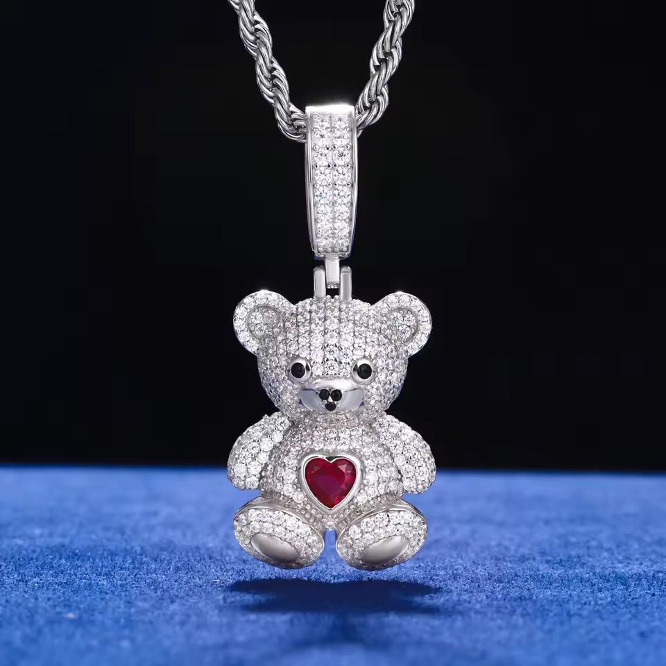 Dije Oso Corazón Plata Ley 925-Moissanitas